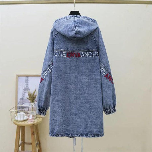 Women Spring Mid-length Denim Jacket Female Loose Versatile Autumn Large Size Hooded Casual Denim Coat