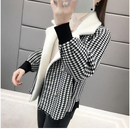 Autumn and Winter Knitted Cardigan Long Sleeve Lapel Loose Sweater Korean Fashion Plaid Jacket
