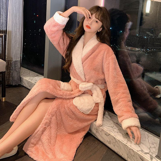 Autumn and Winter Coral Velvet Nightgown Women Plus Velvet Thick Bathrobe Morning Gown Pajamas Hotel Beauty Salon Long Home Service Solid Color Sexy