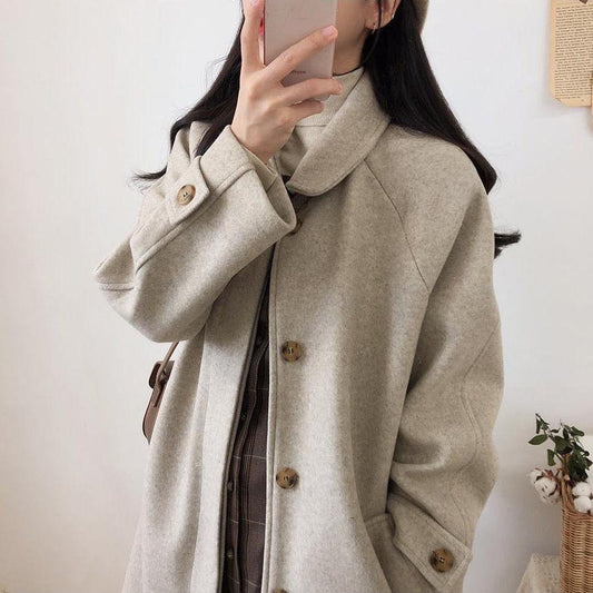 Black Long Woolen Winter Korean Style Over-the-knee Thick Coat for Female Students Loose and Thin Woolen Coat