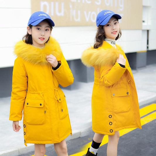Fashion Girls Cotton Winter Thickening Plus Velvet Pike Clothing Mid-length Fur Collar Kids Winter Parkas