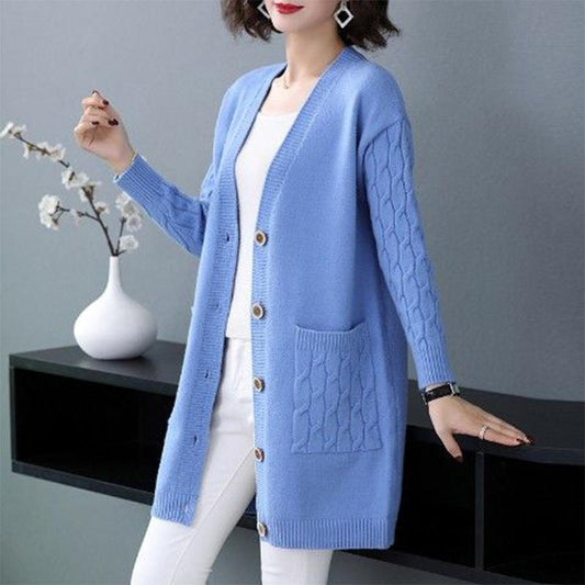 Cardigan Sweater Coat Mid-length Loose Large Size Spring and Autumn V-neck Outer Wear All-match Knitted Top Women