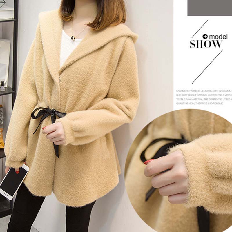 Autumn and Winter, Women's Casual Hooded Waist, Water Velvet Cardigan Net Red Knit Jacket Loose