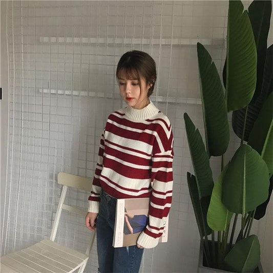 College Style Loose Striped Sweater Top Turtleneck Sweater Female Student Short