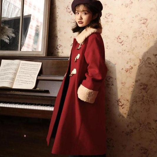 Autumn and Winter Woolen Coat Dark Red Horn Button Lamb Wool Thick Woolen Coat Women's Mid-length Stand-up Collar Woolen Coat