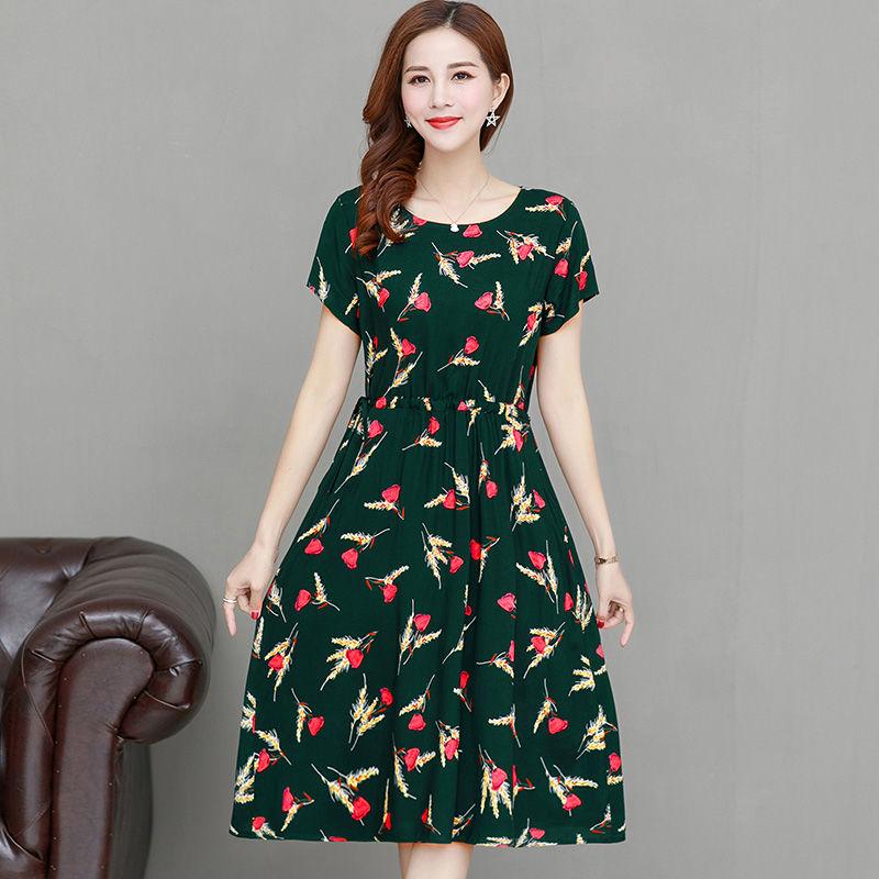 Summer Mid-length Plus Size Printed Floral Over-the-knee Dress Round Neck Short Sleeve Elastic Waist