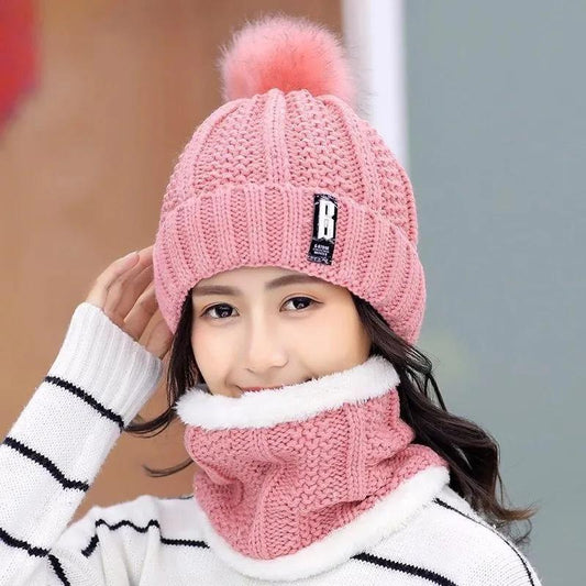 Women's Scarf Hat Set All-match Warm Fur Ball Caps Autumn Winter Cycling Ladies Knitting Velvet Thick Padded Collars Facial Windproof Hats