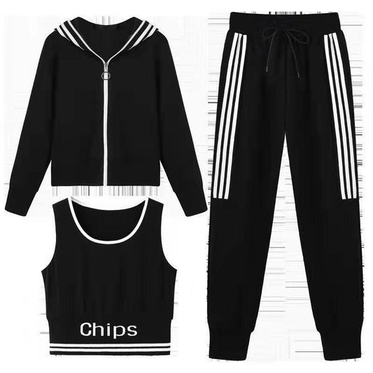 3PCS Women's Three-piece Sports Suit Korean Version Loose Student Hooded Sweater Running Trousers Breathing Vest Bra Set Girls Athletic Clothing