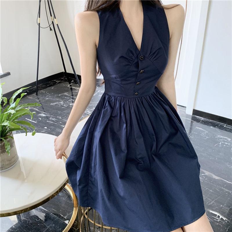 Female Simple Elegant Slim Dress Summer Vintage Sleeveless V-neck Graceful Party A-line Dress