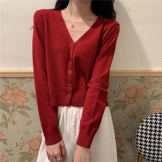 Spring and Autumn Style V-neck Cardigan Short Long Sleeve Top Jacket Thin Sweater Knitwear Women's Trend