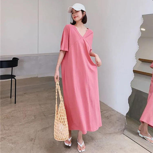 Large Size Slit T-shirt Dress Female Summer V-neck Loose Long Over-the-knee Open Back Long Dress