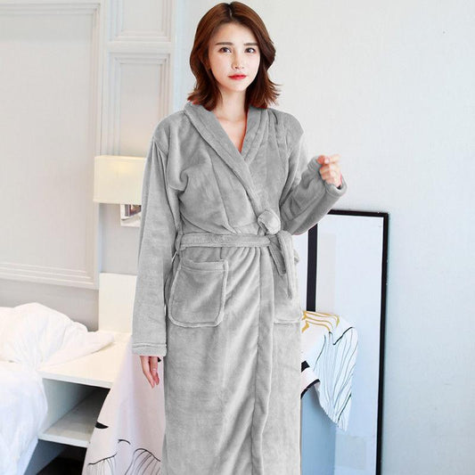 Autumn and Winter Flannel Nightgown Ladies Bathrobe Coral Fleece Thick Long-sleeved Pajamas Home Service Bathrobe Simple Style