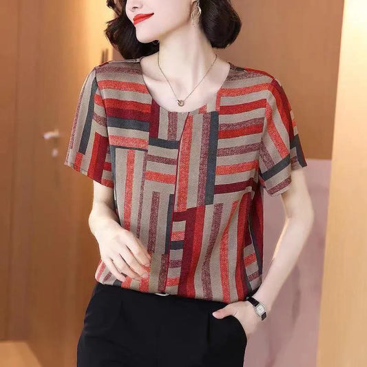 Loose Casual Top Short-sleeved T-shirt Women's Hit Color Age Thinner Summer New Irregular Striped Top Cool and Breathable