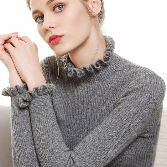 Half Turtleneck Ruffled Sweater Knitted Bottoming Slim Pullover Sweater Autumn and Winter