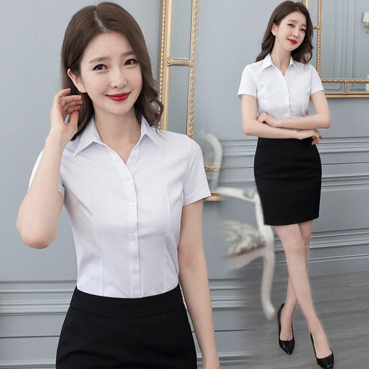 Summer V-neck Professional Shirts Women's Formal Short-sleeved Shirts Workwear Women's White-collar Overalls White Shirts