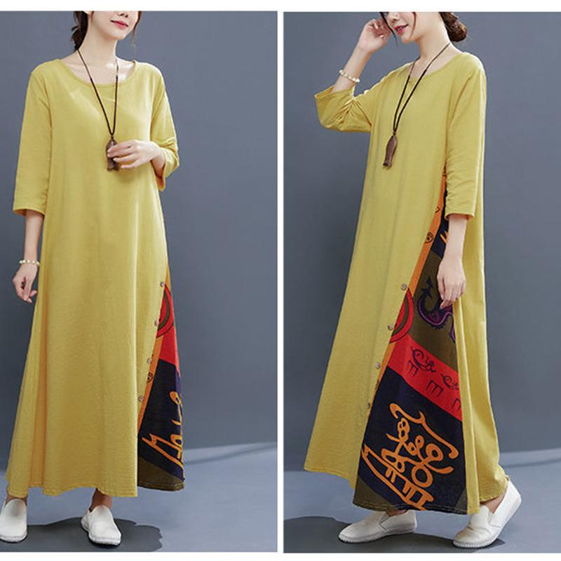 Cotton and Linen Dress Women Spring and Summer Round Neck 3/4 Sleeve Ethnic Style Stitching Large Size Dress