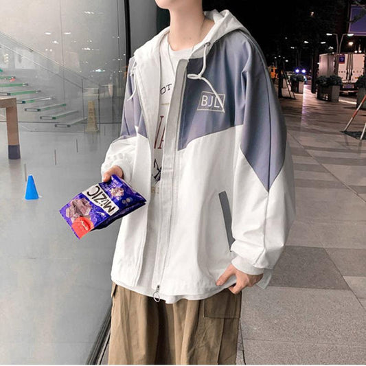 Colorblock Jacket Men's Loose Versatile Hooded Windbreaker Coat Couples Wear Thin Short Zip Long Sleeve Casual Coat Workwear