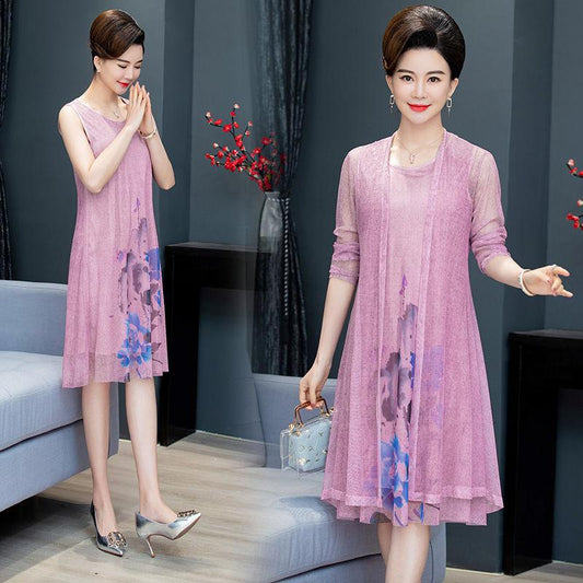 Chiffon Shirt + Dress 2pcs Suit Women's Sun Protection Clothing Sun-Dress Mid-length Plus Size Shawl Loose Outer Chiffon Cardigan Thin Coat Beach