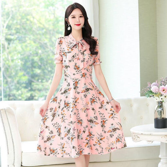 Floral Chiffon Dress Women's Mid-length Over-the-knee Waist Slimming Short-sleeved Skirt Printed Retro French Dress Chiffon Fabric