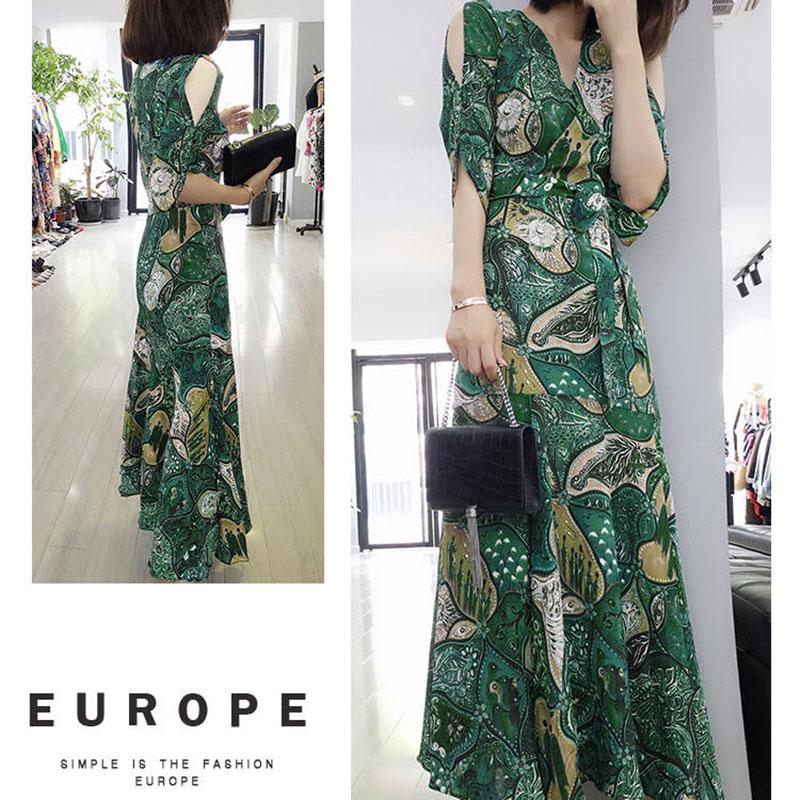Women Bohemian Floral Dress Off Shoulder V-neck Chiffon Dress Party Beach Long Maxi Dress