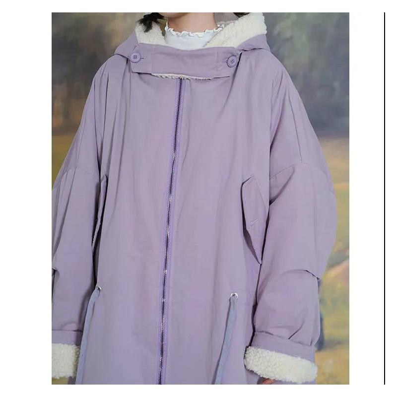 Korean Version of The Loose Padded Jacket for Female Students with Lamb Wool Padded Over-the-knee Padded Jacket