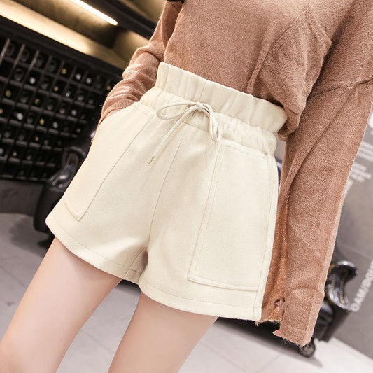 Fashion Short Pants Women High Waist Solid Woolen Female Shorts Casual Wide Leg Shorts Women