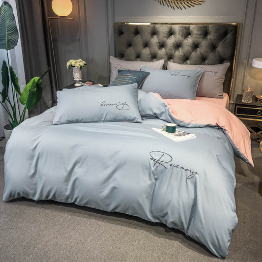 Fashion Luxury Four-piece Set Simple Bed Sheet Quilt Cover Pillowcase Bedding Embroidery Washed Cotton Sheets