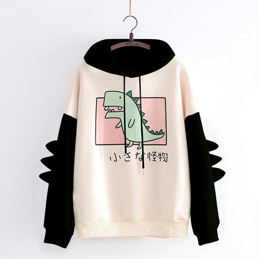Dinosaur Oversized Cartoon Hoodie Women Fashion Sweatshirt Casual Print Korean Style Thicken Sweatshirt Winter Dino Hoodie Tops