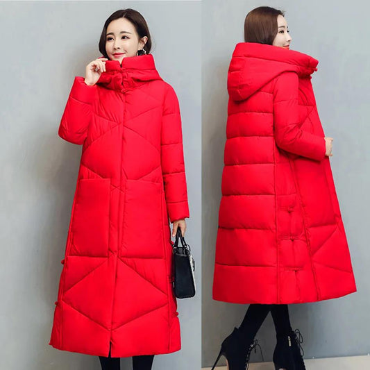 Retro Padded Down Padded Jacket Women National Wind Loose Padded Jacket Long Over-the-knee Padded Jacket
