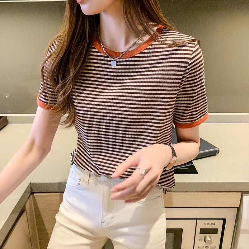 Short-sleeved Women's T-shirt Top Bottoming Shirt Loose Half-sleeve Striped T-shirt