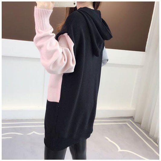 Outer Wear and Inner Wear Hooded Sweater Autumn and Winter Plus Velvet Thickening Student Fashion Trend Loose Knit Color Matching Pullover Women