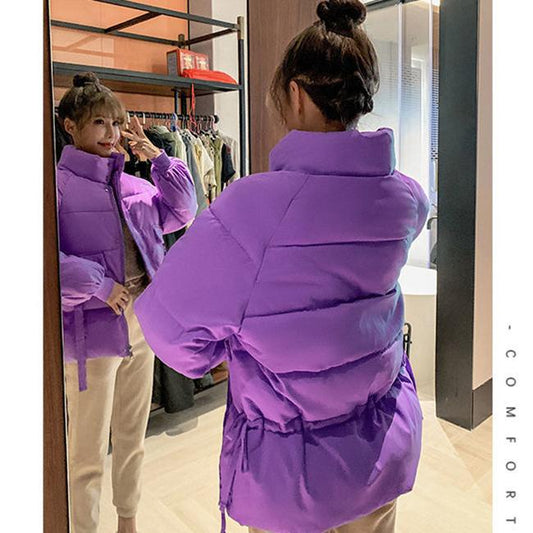 Simple Solid Color Winter Clothes Loose Down Women's Cotton-padded Coat with Large Fur Collar Thick Padded Jacket