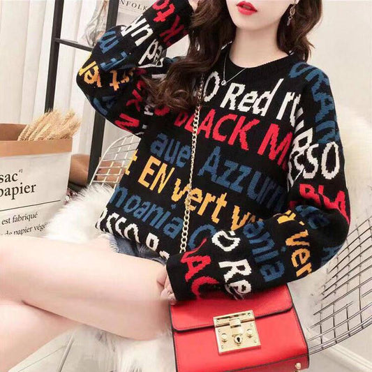 Chic Girl Letter Knitwear Crew Neck Loose Knitting Pullover Hit Color Jumper Sweater Top