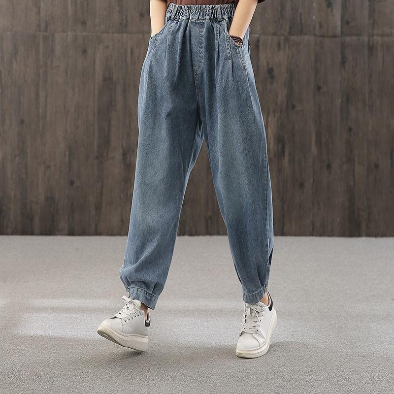WTEMPO Plus Size Elastic Waist Women's Jeans Loose Wide Leg Straight Denim Big Pocket Trousers