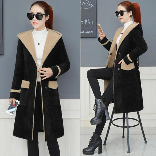 Women's Winter Hooded Coat Mid-length Thick Autumn and Winter Korean Loose Casual Button Coat Warm Clothing Plaid Hood Jacket Thick Cardigan Coat