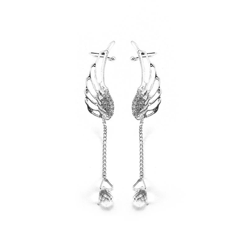 Water Drop Stud Earrings Angel Wing Crystal Long Earrings Earless Ear Clips