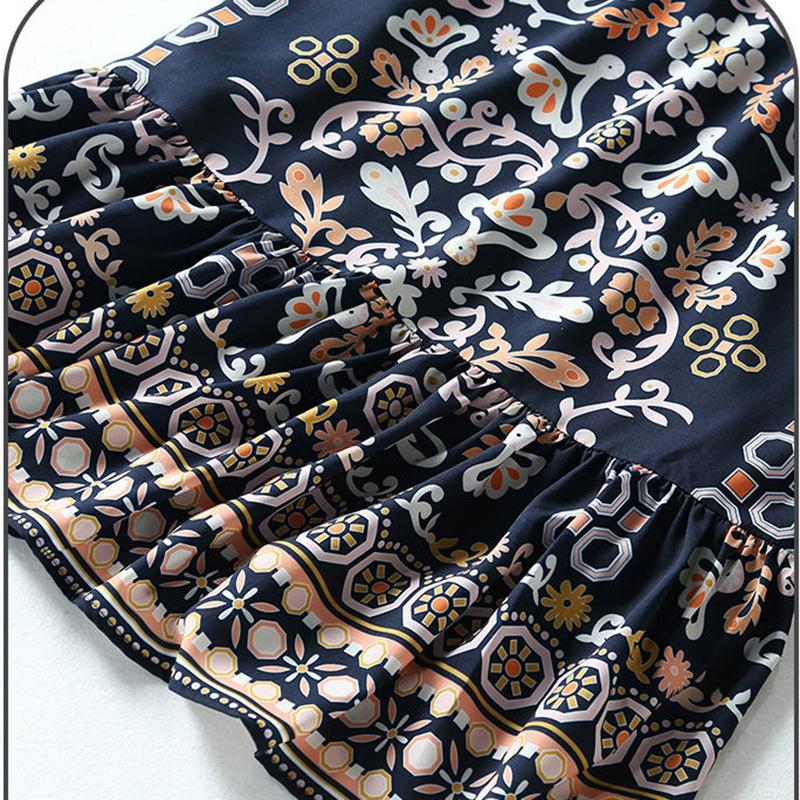 Ethnic Print Silk Dress Summer Round Neck Loose Plus Size Knee-length Light and Cool Floral A-line skirt