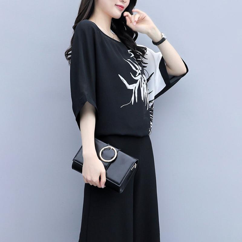 Women's Black Two-piece Wide-leg Trousers Printed Belly Slimming Shirt Casual Suit Women's Plus Size Temperament Casual Loose Suit