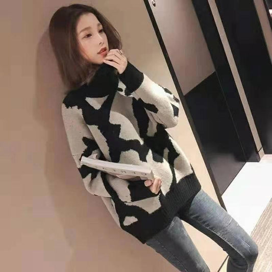Pullover Net Red Sweater Loose-fitting Sweater Top Winter Turtleneck Women's Leopard