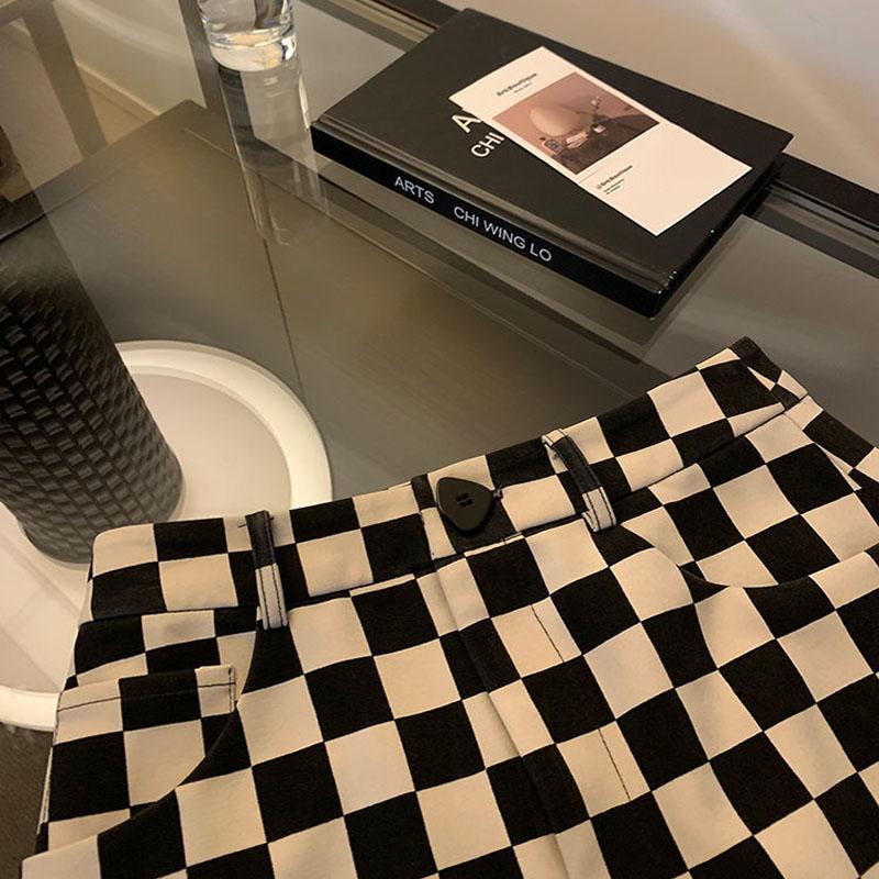 Temperament High Waist Autumn and Winter Black and White Checkerboard Checkerboard Split Bag Hip Straight Mid-length Skirt Women