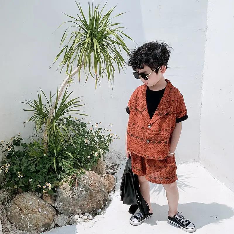 Boy's Summer Suit Literary Print Baby Short-sleeved Cotton Korean Version of Children's Summer Children's Fashion Summer Children's Clothing