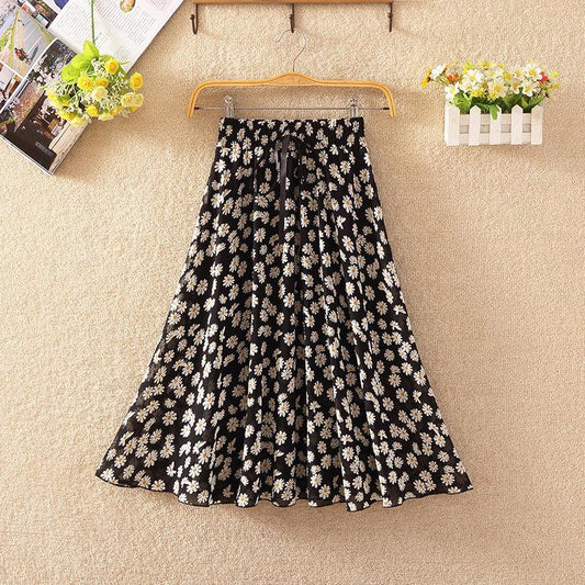 Chiffon Elastic Waist Pleated Floral Skirt Summer Women's High Waist Mid-length A-line Draping Fairy Dress