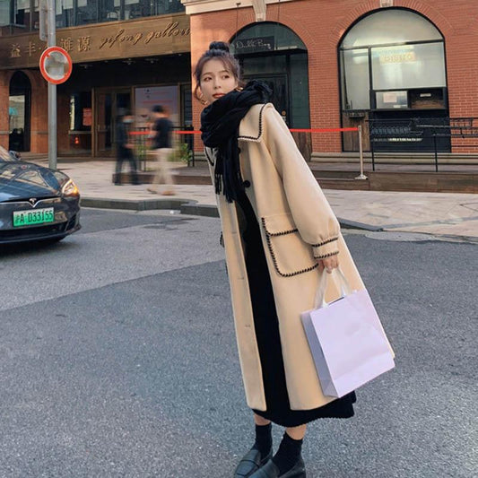 Puff Sleeve Woolen Coat Women Autumn and Winter Mid-length Loose and Thin Woolen Coat