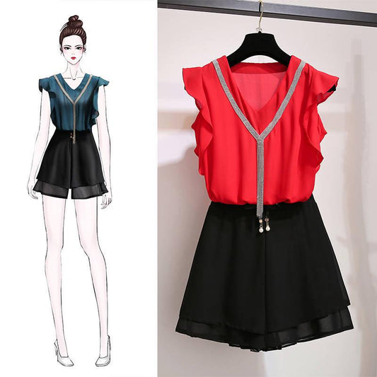 Fashion Plus Size Shorts Set Women's Summer Sleeveless Pleated Blouse Chiffon Shorts Two-piece Suit