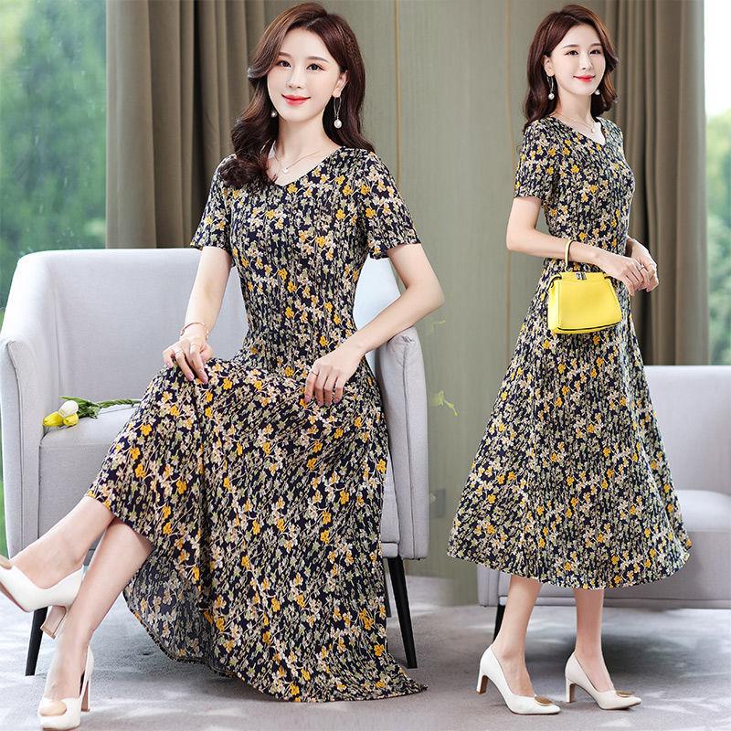 Women Elegant Floral Flower Pattern Dress Summer Casual V-neck Short Sleeve Ruffle Dress Boho Long Dresses Vestidos Femme