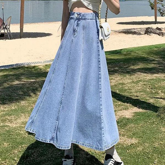 Skirts Women's Long Skirt Spring Summer Mid-length Denim Skirt Pleated Elastic High Waist Thin A-line Skirt
