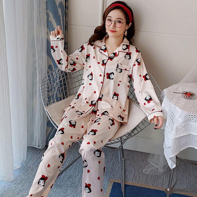 Ice Silk Long-sleeved Pajamas Feminine Feel Ladies Thin Artificial Silk Pajamas Home Service Shirt Casual Suit Style Cute and Easy To Wash