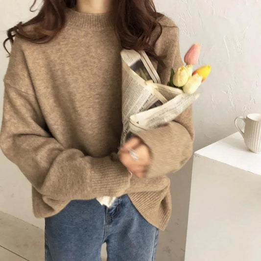 Women Winter Soft Sweater Loose Lazy Round Neck Sweater Women Long Sleeves Wear Japanese College Knit Sweater Pullover Blouse Bottoming Inside