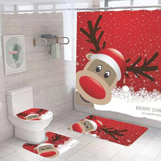 Christmas Bathroom Supplies Shower Curtain Mat Set Santa Claus Elk Snowman Digital Printing Cartoon Full Polyester Bathroom Curtain Four-piece Set