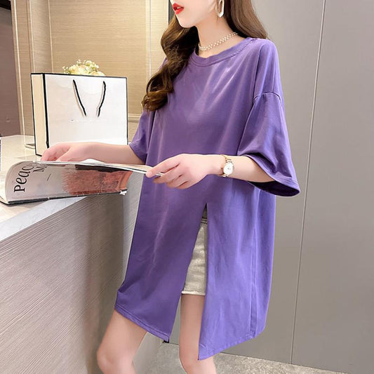 Women's Short-sleeved T-shirt Tops Loose Cotton Mid-length Short-sleeved Irregular Split T-shirts Women's Color T-shirts